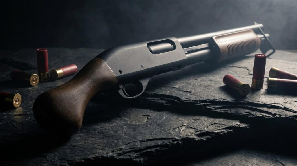 7 Best Remington Shotguns Ranked (2026): From the 870 to the V3 11 Remington 870 TAC-14 compact firearm with Raptor bird-head grip on dark slate stone in low atmospheric rim lighting