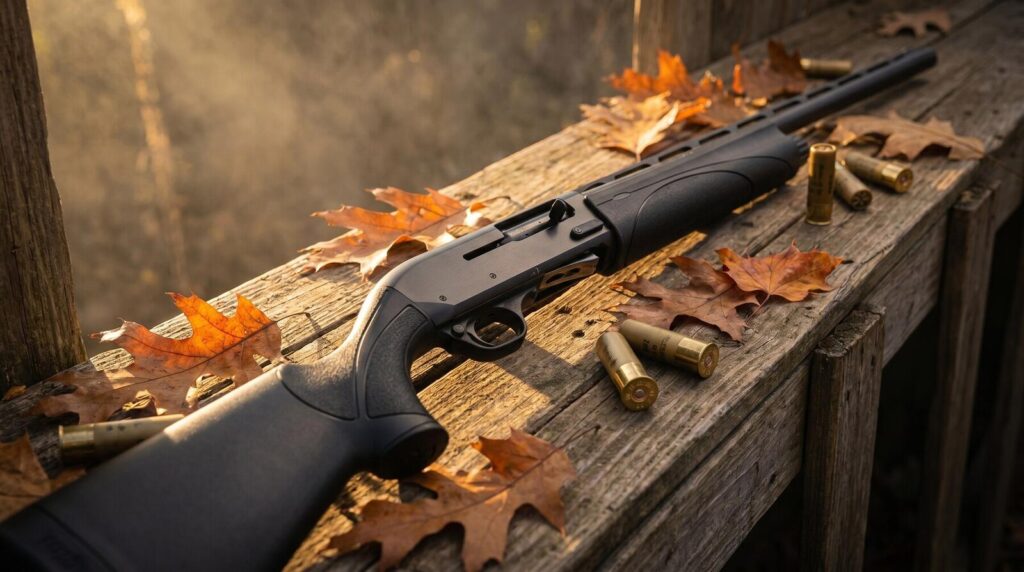 7 Best Remington Shotguns Ranked (2026): From the 870 to the V3 12 Remington V3 Field Pro semi-automatic shotgun with black synthetic stock on weathered duck blind boards with autumn leaves and brass shells