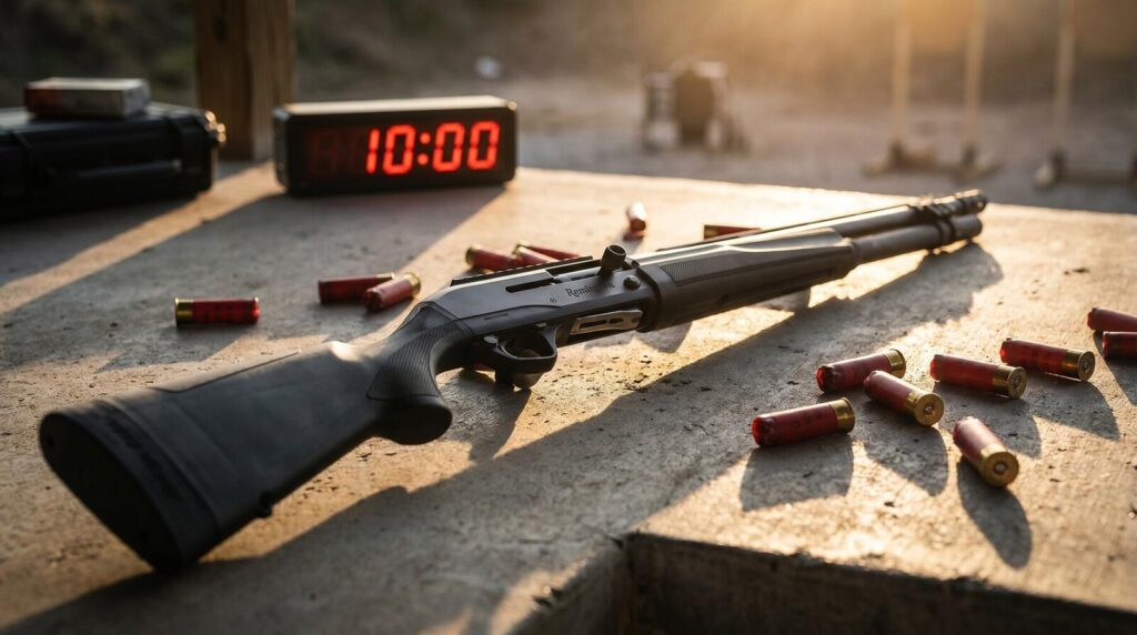 7 Best Remington Shotguns Ranked (2026): From the 870 to the V3 13 Remington Versa Max semi-automatic shotgun on a 3-gun competition range bay with shot timer and scattered 12 gauge hulls in golden directional light