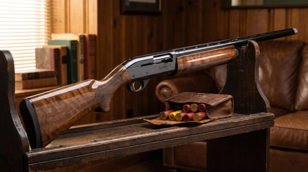 7 Best Remington Shotguns Ranked (2026): From the 870 to the V3 14 Classic Remington 1100 Sporting 12 semi-automatic shotgun with high-gloss American walnut stock on vintage wooden gun rack with leather shell pouch in 1970s gun-room atmosphere