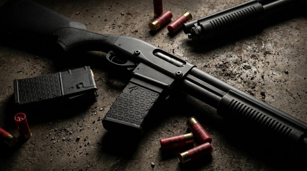 7 Best Remington Shotguns Ranked (2026): From the 870 to the V3 15 Remington 870 DM detachable-magazine pump action shotgun on dark concrete with spare 6-round box magazine and 12 gauge buckshot shells in moody tactical lighting