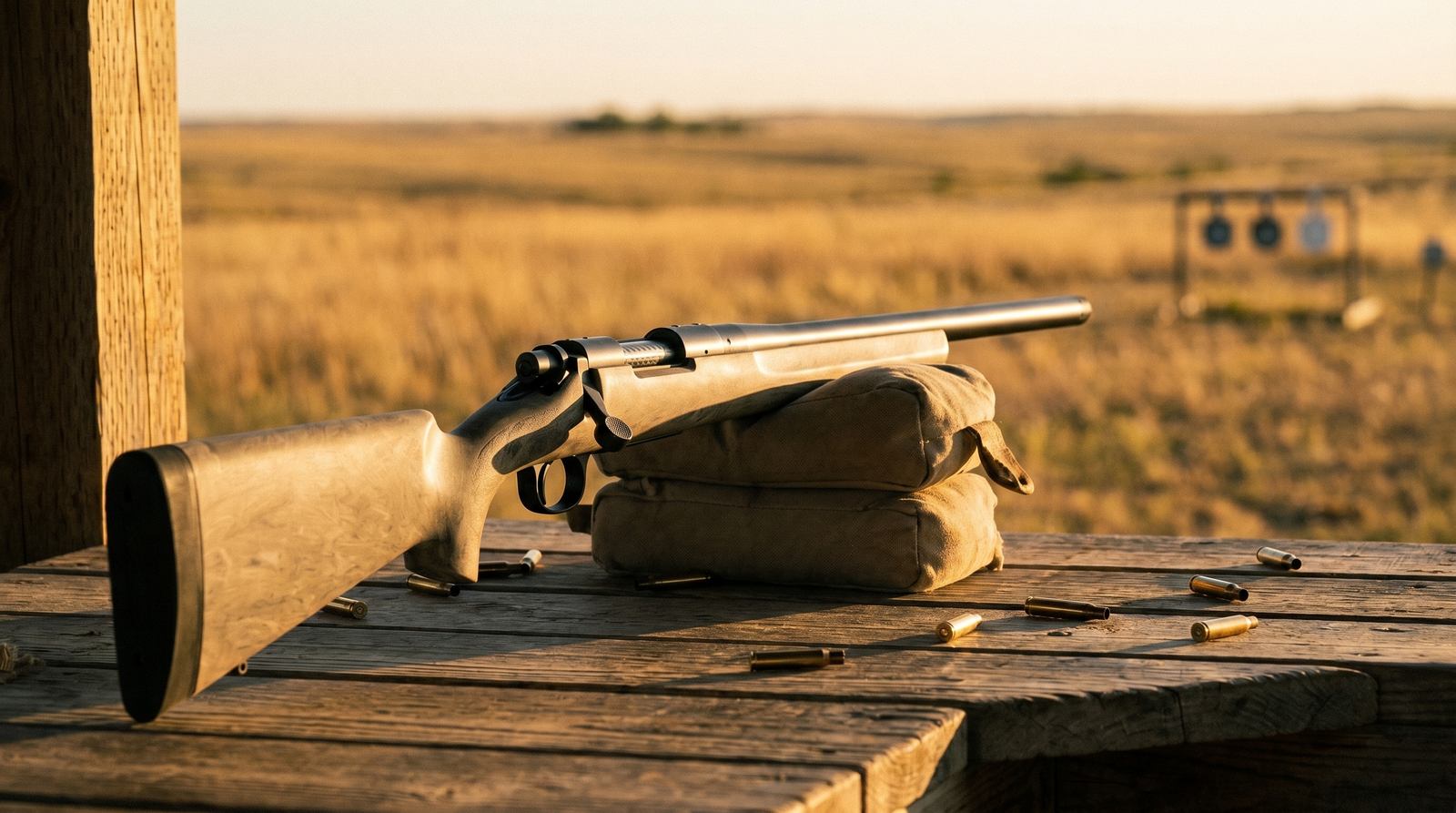 Remington 700 SPS Tactical review hero — .308 Winchester bolt-action rifle with tan/grey HS Precision laminate stock and heavy 20-inch threaded barrel on sandbag rest at long-range outdoor bench at golden hour