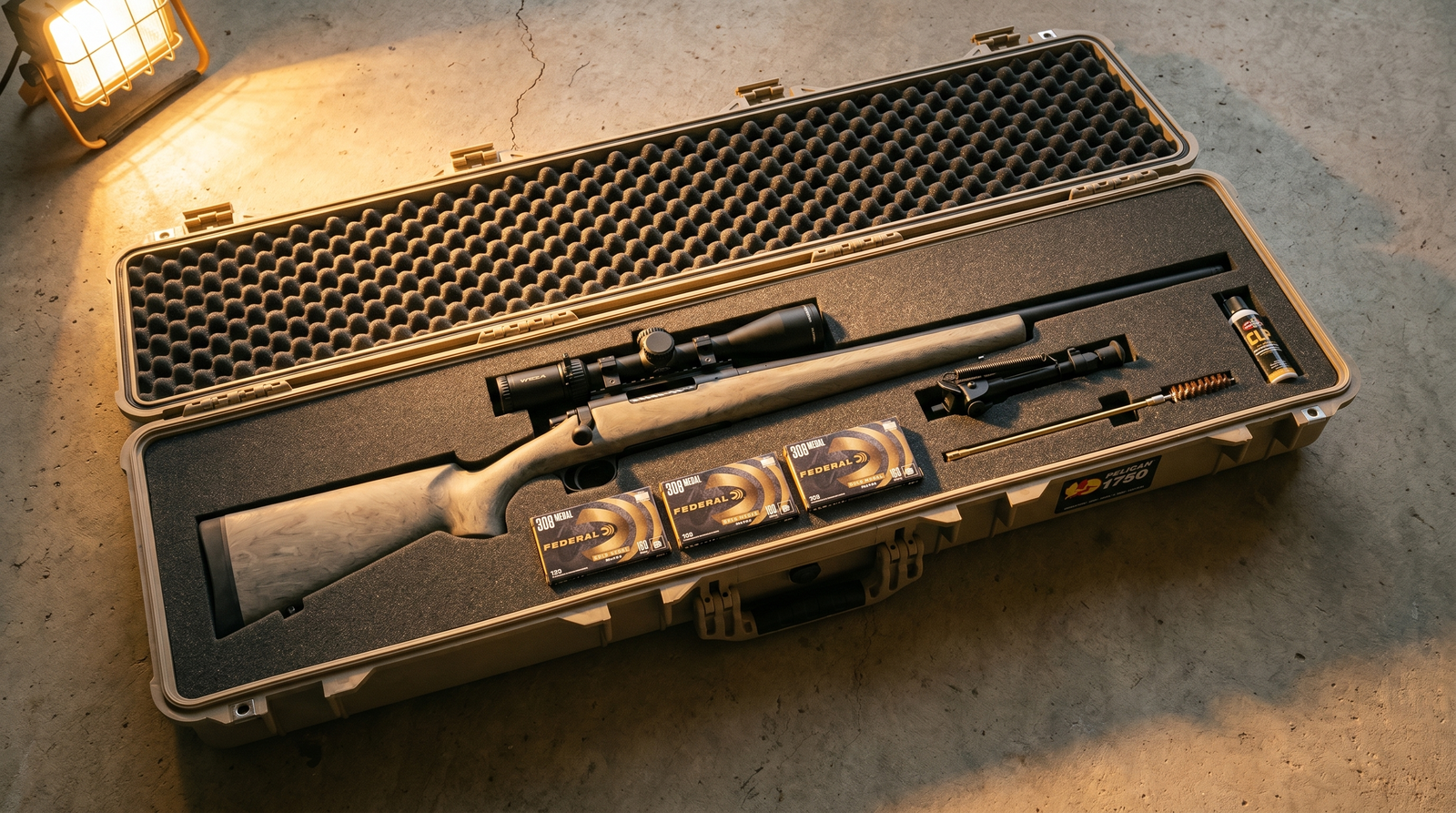Remington 700 Review (2026): 500 Round Test of the Most Customized Rifle in History 7 Remington 700 SPS Tactical in opened tan Pelican hard case with mounted Vortex Viper PST riflescope, three boxes of Federal Gold Medal Match .308 ammo, Harris bipod, brass cleaning rod, and CLP oil on concrete garage floor