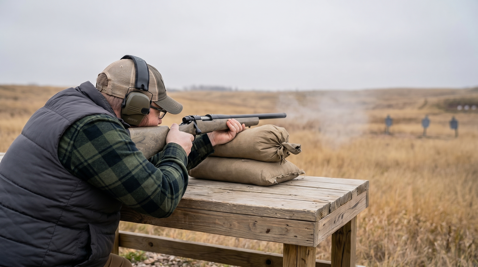 Remington 700 Review (2026): 500 Round Test of the Most Customized Rifle in History 5 Shooter in green plaid and charcoal puffer vest prone behind sandbag rest shooting Remington 700 SPS Tactical at 1000-yard outdoor prairie range with overcast cool grey sky