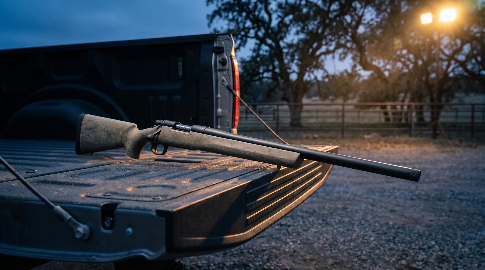 Remington 700 Review (2026): 500 Round Test of the Most Customized Rifle in History 2 Remington 700 SPS Tactical bolt-action rifle on open pickup truck tailgate at remote ranch gravel pullout at blue-hour twilight with warm floodlight rim