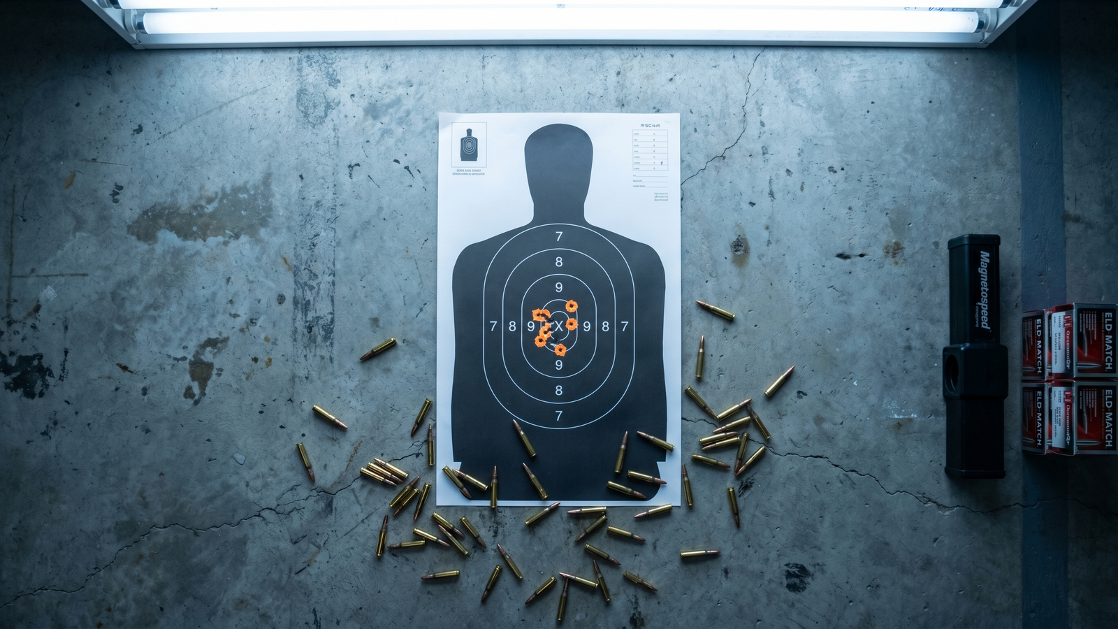 Remington 700 Review (2026): 500 Round Test of the Most Customized Rifle in History 6 IPSC silhouette paper target with sub-MOA 5-shot group from Remington 700 SPS Tactical .308 at 100 yards with brass casings, Magnetospeed chronograph, and Federal Gold Medal Match ammunition box on weathered wooden bench at golden hour