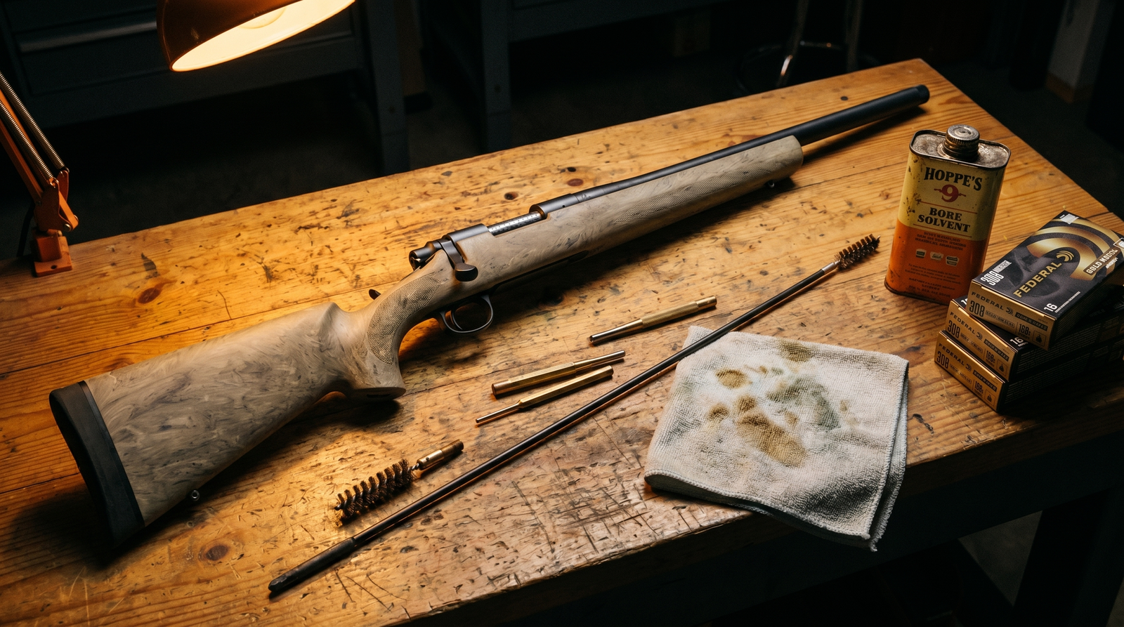 Remington 700 Review (2026): 500 Round Test of the Most Customized Rifle in History 3 Remington 700 SPS Tactical on worn pine gunsmith workbench with brass punches, Hoppe's #9 solvent, cleaning rod, and three boxes of Federal Gold Medal Match 168gr SMK ammunition under warm tungsten lamp