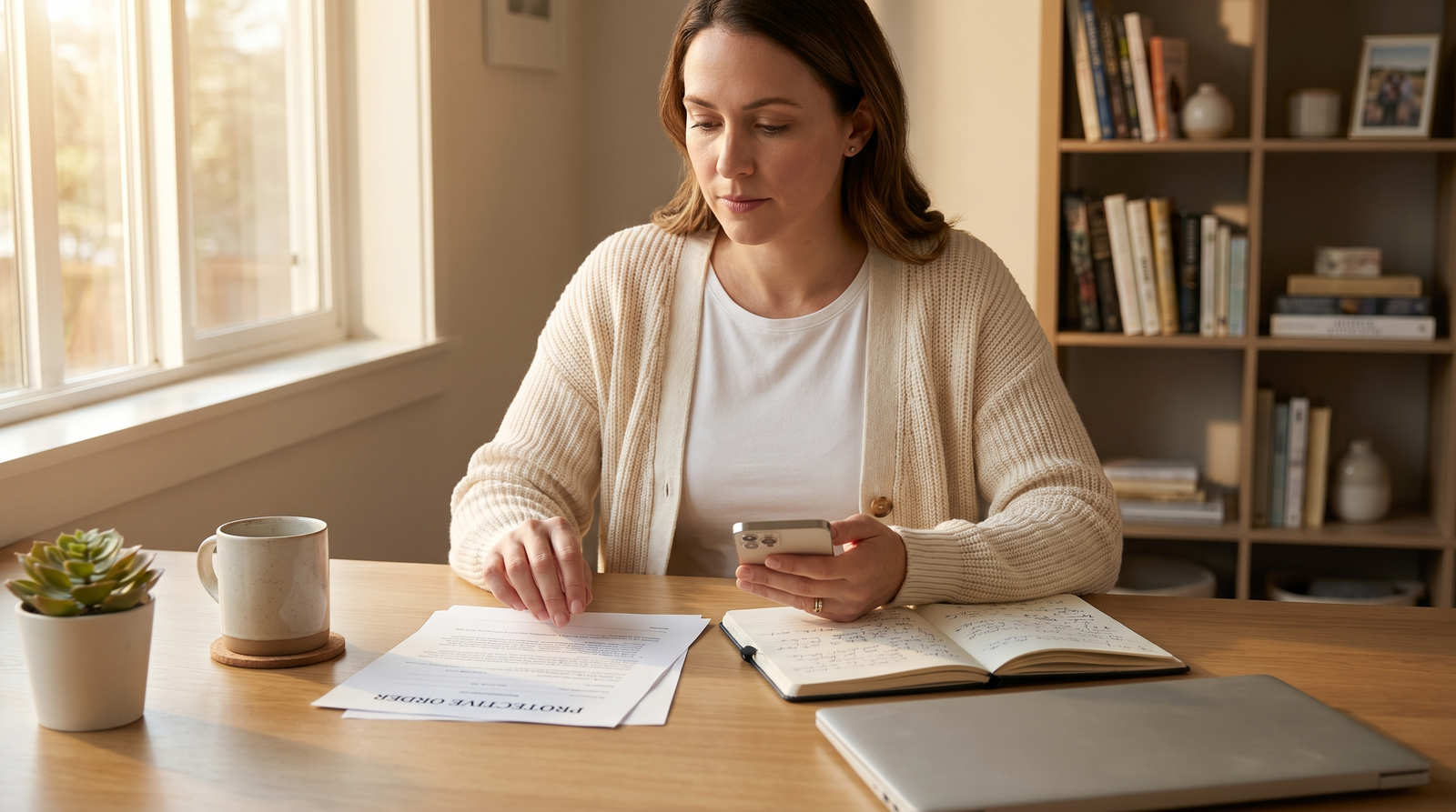 Domestic Violence Restraining Orders and Gun Rights: What Women Need to Know 1 Empowered woman in cream cardigan seated at a home desk reviewing court paperwork labeled PROTECTIVE ORDER, phone in hand, with soft window light, coffee mug, notebook, and bookshelf in the background, representing a domestic violence survivor exercising her legal rights