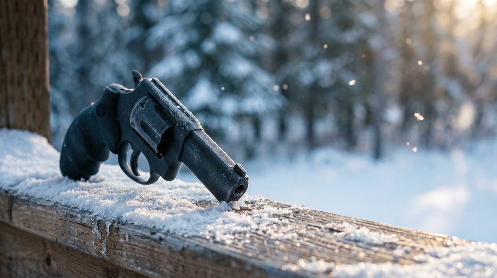 Best Home Defense Revolver (2026): Wheel Guns That Work 14 Taurus 856 Defender matte-black 6-shot 38 Special plus P revolver on snow-dusted weathered cedar back porch railing at dawn with warm sunrise light from right and pine forest bokeh
