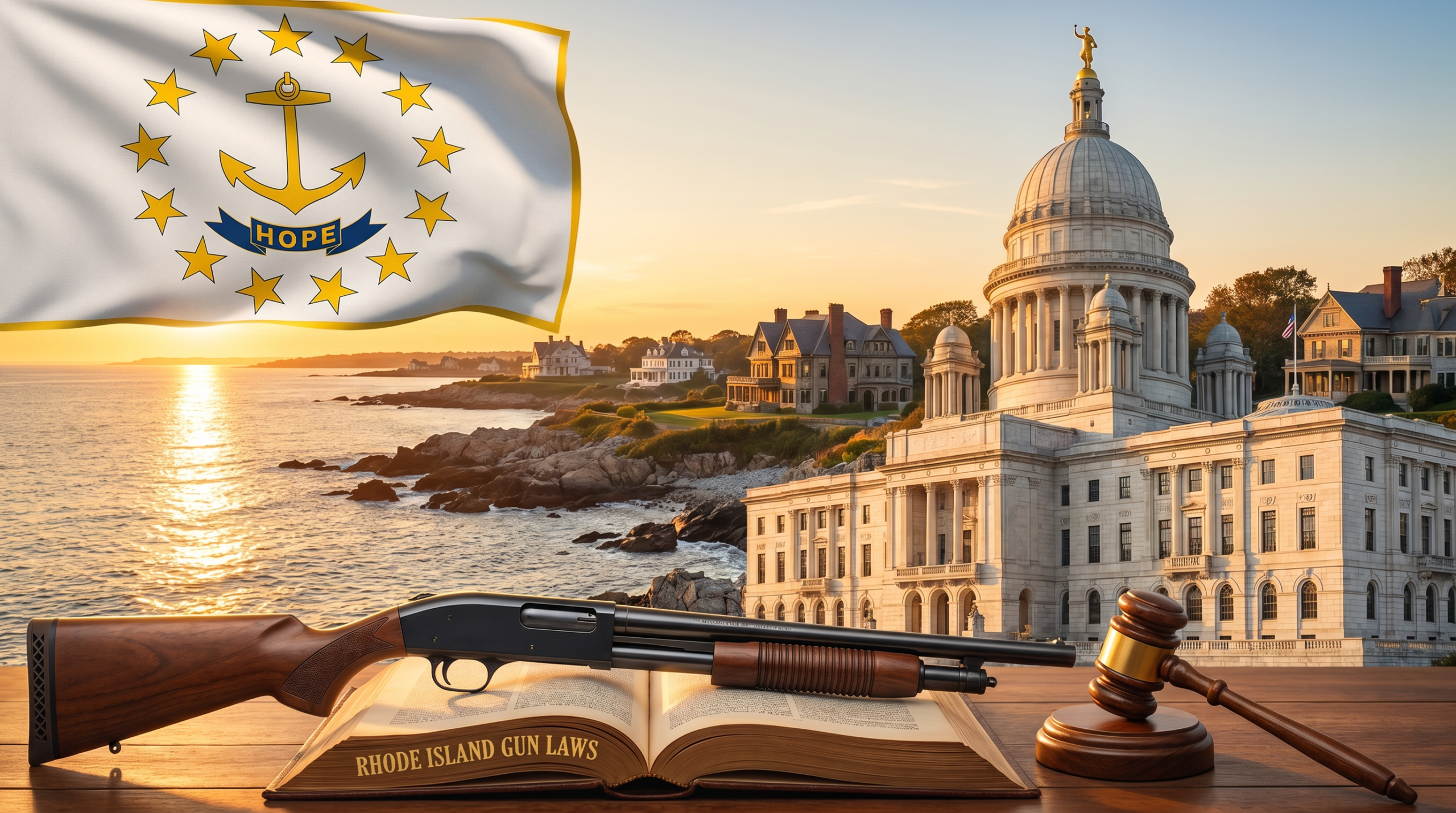 Rhode Island Gun Laws (2026): Blue Card, Dual Permits, 10-Round Cap & 2026 AWB 9 Rhode Island Gun Laws editorial composite — state flag, capitol building, landmark landscape, and law-themed gun + gavel scene
