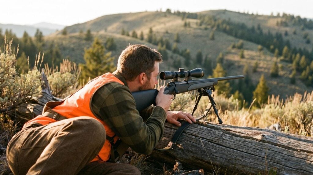 Shotgun vs Rifle for Hunting: When to Use Each 4 Right-handed hunter in olive flannel and blaze-orange vest prone behind a bipod-rested Remington 700 SPS black synthetic bolt-action rifle with hunting scope on a fallen log at the edge of a sage-and-pine ridge in late-afternoon golden hour, glassing 400 yards downrange