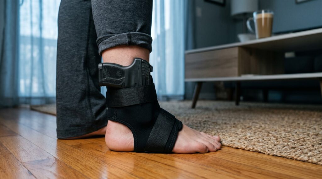 Best Guns Under $400 for Women (2026): Budget Self-Defense Picks 12 Ruger LCP MAX micro pocket .380 pistol tucked into a black neoprene ankle holster strapped to a bare ankle inside the cuff of rolled-up dark-grey yoga pants in a modern minimalist living room afternoon with cool blue-grey window light