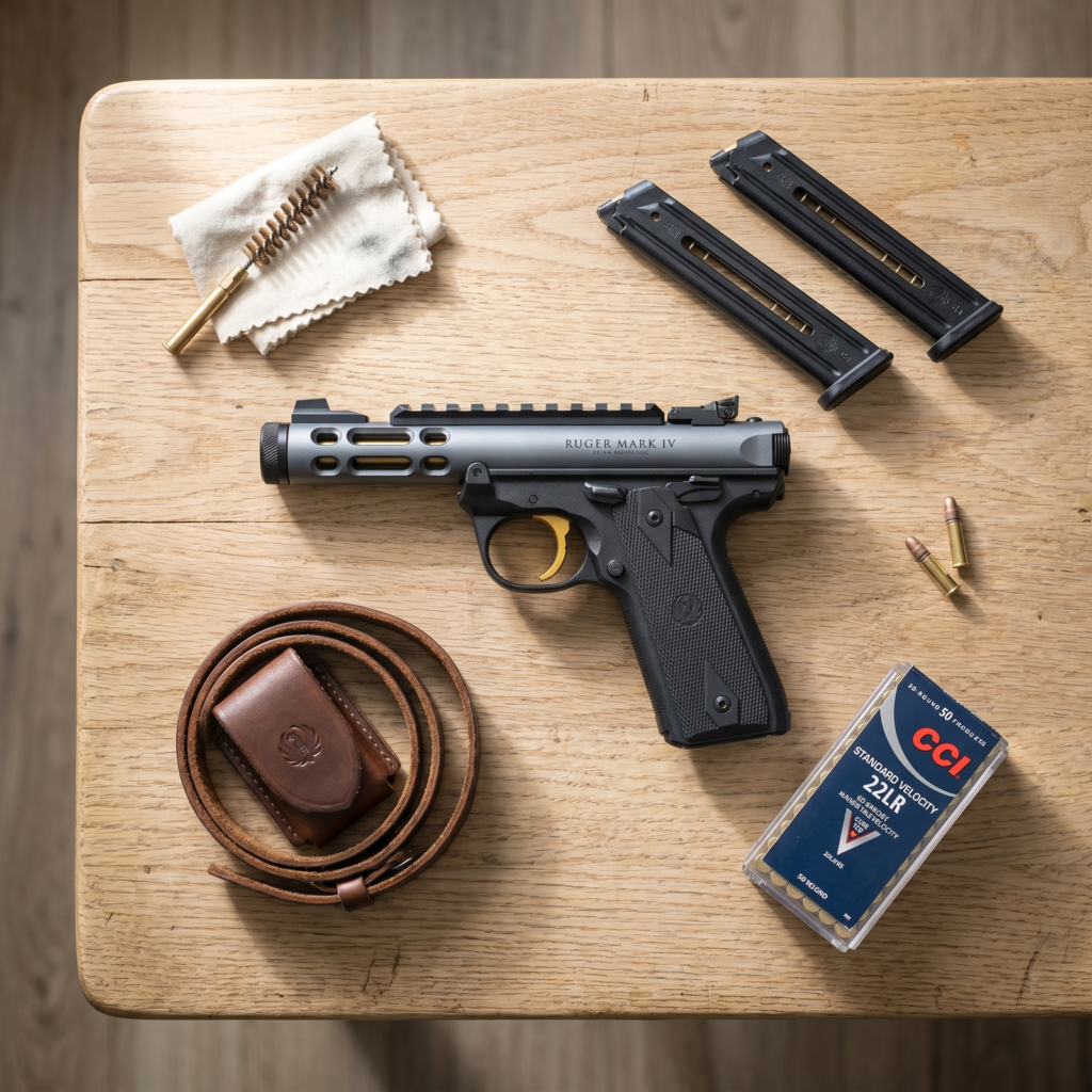 Ruger Mark IV 22/45 Lite Review (2026) 20 Top-down flat-lay of the Ruger Mark IV 22/45 Lite plinker kit on an oak farmhouse table with magazines, CCI ammo, and a leather mag pouch