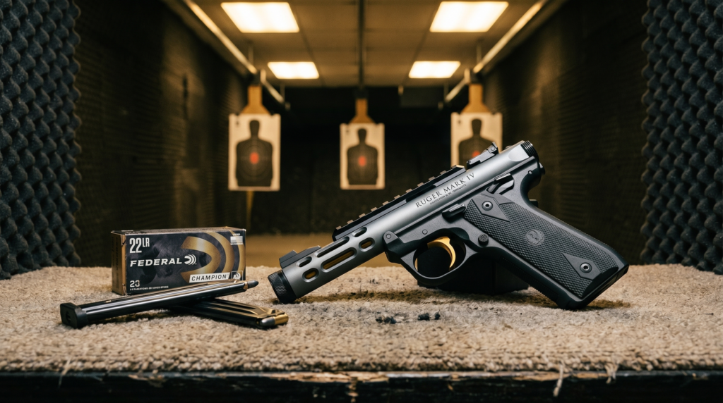 Ruger Mark IV 22/45 Lite Review (2026) 13 Ruger Mark IV 22/45 Lite review hero in indoor pistol range bay with silhouette targets