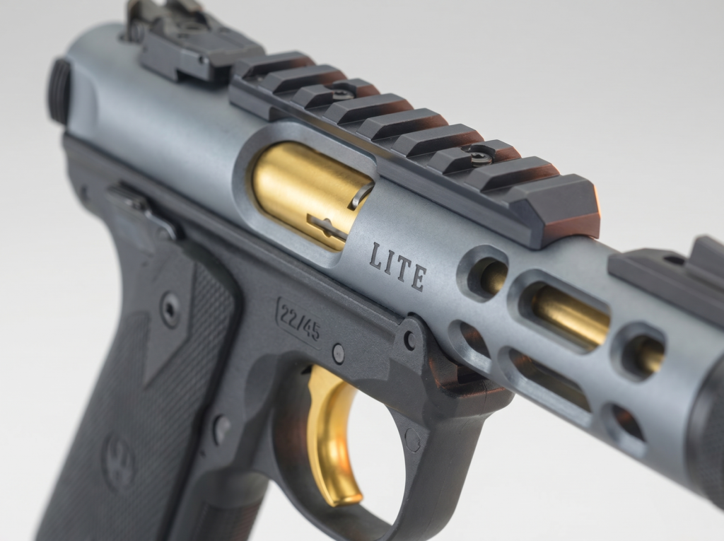 Ruger Mark IV 22/45 Lite Review (2026) 21 Macro close-up of the LITE engraving, 22/45 marking, ventilated aluminum receiver cuts, and gold bolt visible through the ejection port