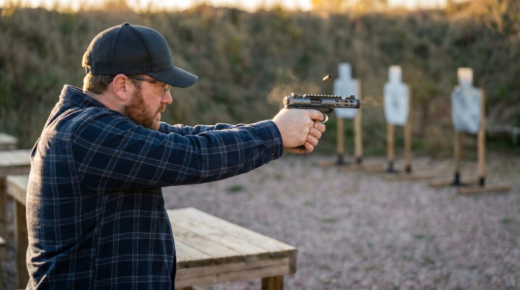 Ruger Mark IV 22/45 Lite Review (2026) 22 Outdoor steel plate course side-profile shooter firing the Ruger Mark IV 22/45 Lite at golden hour