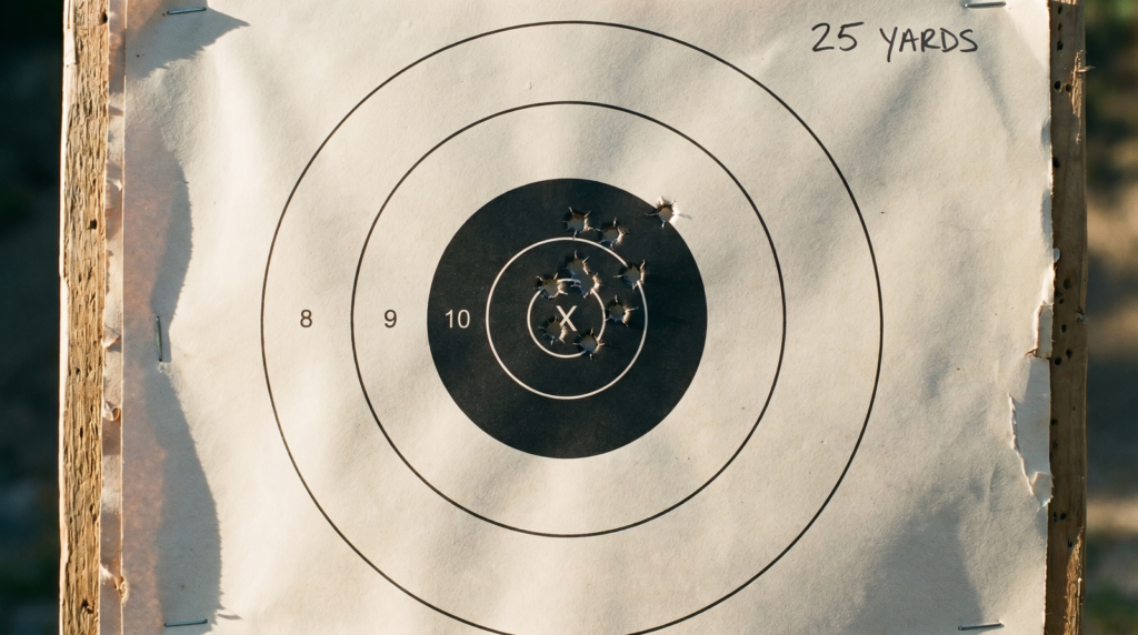 Ruger Mark IV 22/45 Lite Review (2026) 23 Birchwood Casey B-8 target at 25 yards showing 1.4 inch 10-shot group from the Ruger Mark IV 22/45 Lite