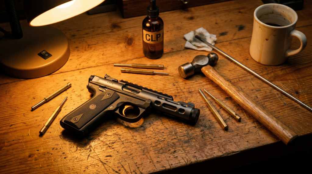 Ruger Mark IV 22/45 Lite Review (2026) 14 Ruger Mark IV 22/45 Lite on a pine workbench with gunsmithing tools under warm tungsten light