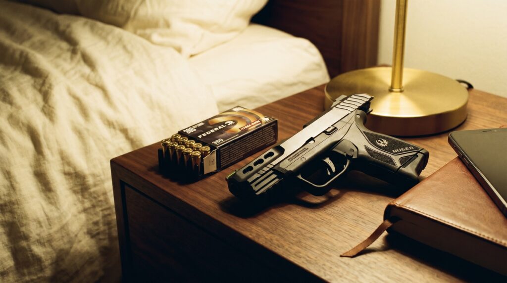 Best Guns Under $400 for Women (2026): Budget Self-Defense Picks 11 Ruger Security-380 compact .380 ACP pistol on a dark walnut bedroom nightstand at night with slide locked back, Federal Hydra-Shok .380 defensive ammunition box, brass reading lamp casting warm yellow light, hardbound book with leather bookmark, and slim smartphone