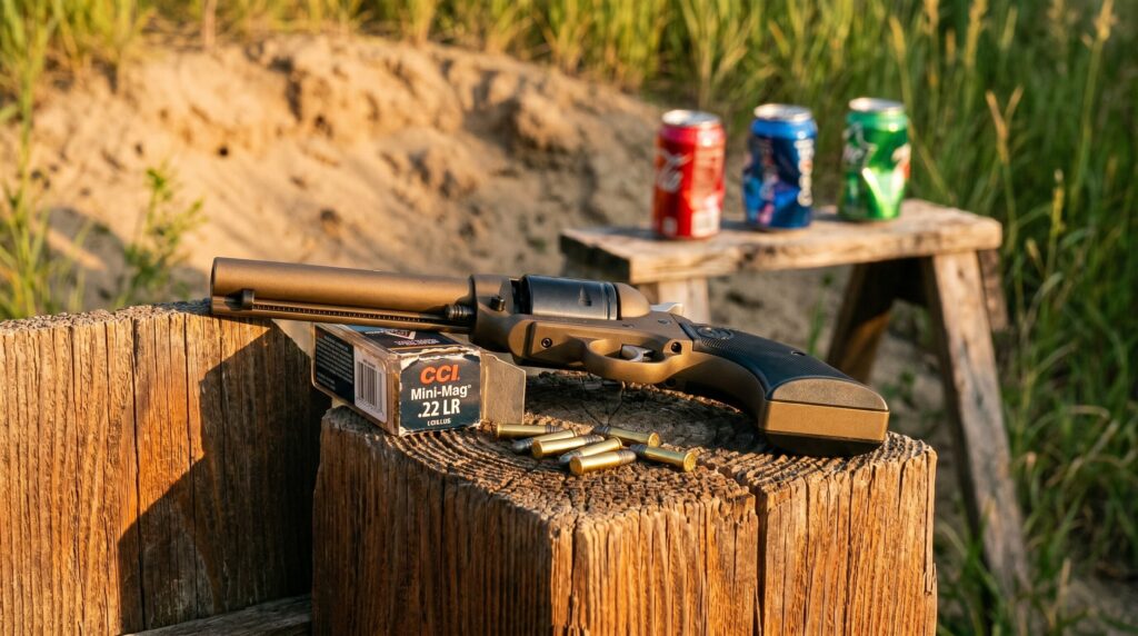 Best Guns Under $400 for Women (2026): Budget Self-Defense Picks 15 Ruger Wrangler .22 LR single-action six-shot revolver on a weathered cedar fence-post at an outdoor backyard plinking range at golden hour with CCI Mini-Mag .22 LR cartridge box, scattered brass rounds, and three crushed empty soda cans on a wooden plinking stand 15 feet downrange