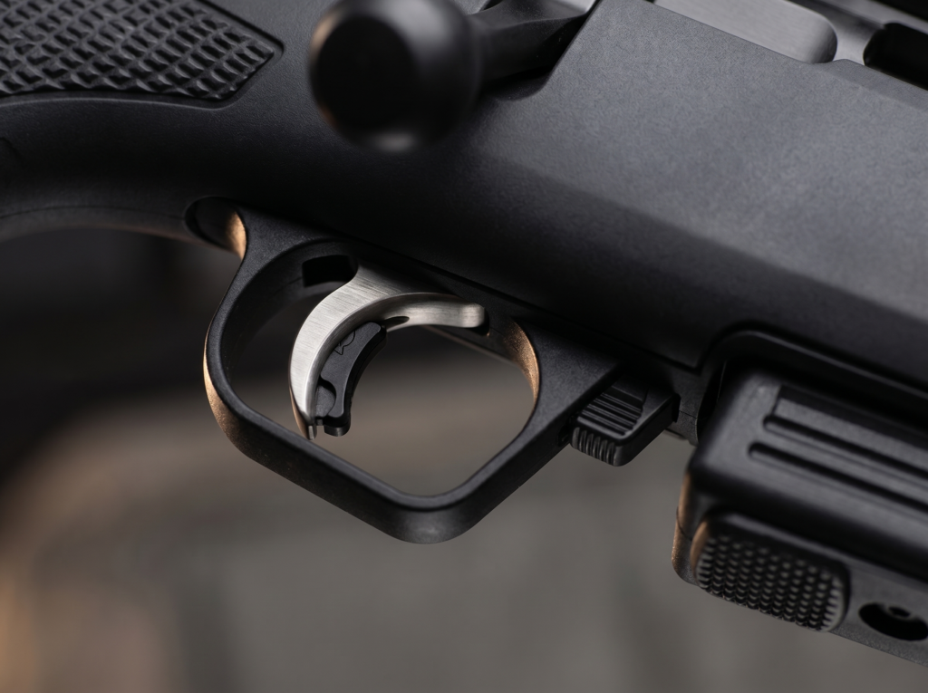Savage 220 7 Macro close-up of the AccuTrigger and AccuRelease safety blade on the Savage 220 bolt-action slug gun with the magazine release button visible to the right