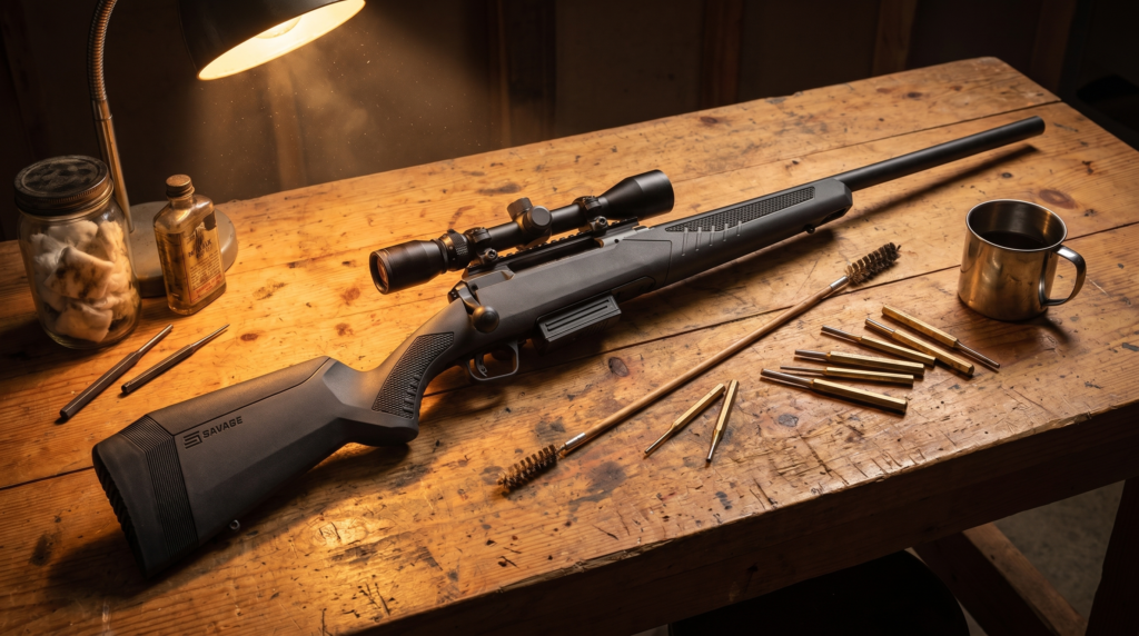Savage 220 8 Savage 220 bolt-action slug gun on a worn pine workbench surrounded by gunsmithing tools, brass brushes, gun oil and a steel coffee mug under warm tungsten task lighting