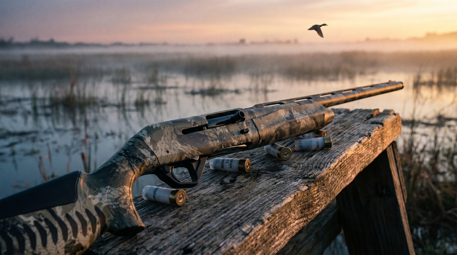 Benelli Super Black Eagle 3 review — SBE3 12-gauge inertia-driven shotgun in Realtree Max-5 camo resting on weathered cedar duck blind bench at marsh dawn with mallard silhouette in distance