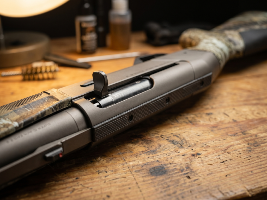 Benelli Super Black Eagle 3 Review (2026): The Waterfowl King 2 Macro close-up of Benelli Super Black Eagle 3 inertia-driven bolt and carbon-fiber stepped rib on pine gunsmith workbench under warm tungsten light