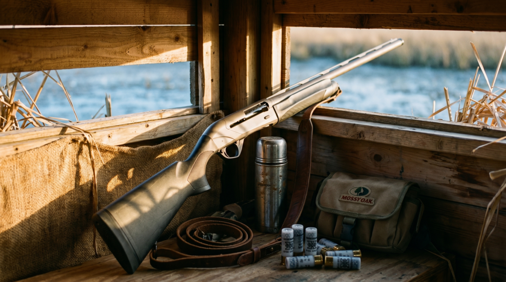 Benelli Super Black Eagle 3 Review (2026): The Waterfowl King 3 Benelli Super Black Eagle 3 12-gauge shotgun leaning butt-down inside wooden duck blind with leather sling thermos Winchester Super-X 3-inch shells and Mossy Oak shell pouch in golden-hour spill