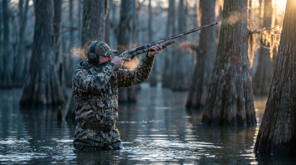 Benelli Super Black Eagle 3 Review (2026): The Waterfowl King 4 Waterfowl hunter in chest waders and Sitka Marsh Layout Realtree Max-5 jacket shouldering Benelli Super Black Eagle 3 12-gauge shotgun in flooded cypress timber at blue-hour dawn with breath visible