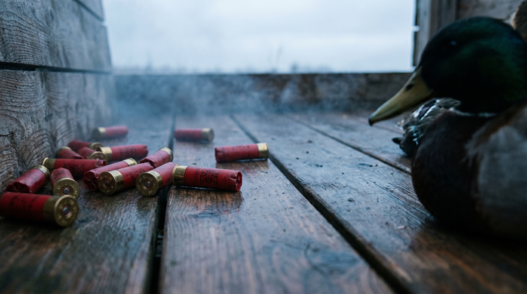 Benelli Super Black Eagle 3 Review (2026): The Waterfowl King 5 Scattered spent Winchester Super-X 12-gauge 3-inch steel-shot shotshell hulls on weathered cedar duckboards inside a marsh blind under cool overcast diffused light