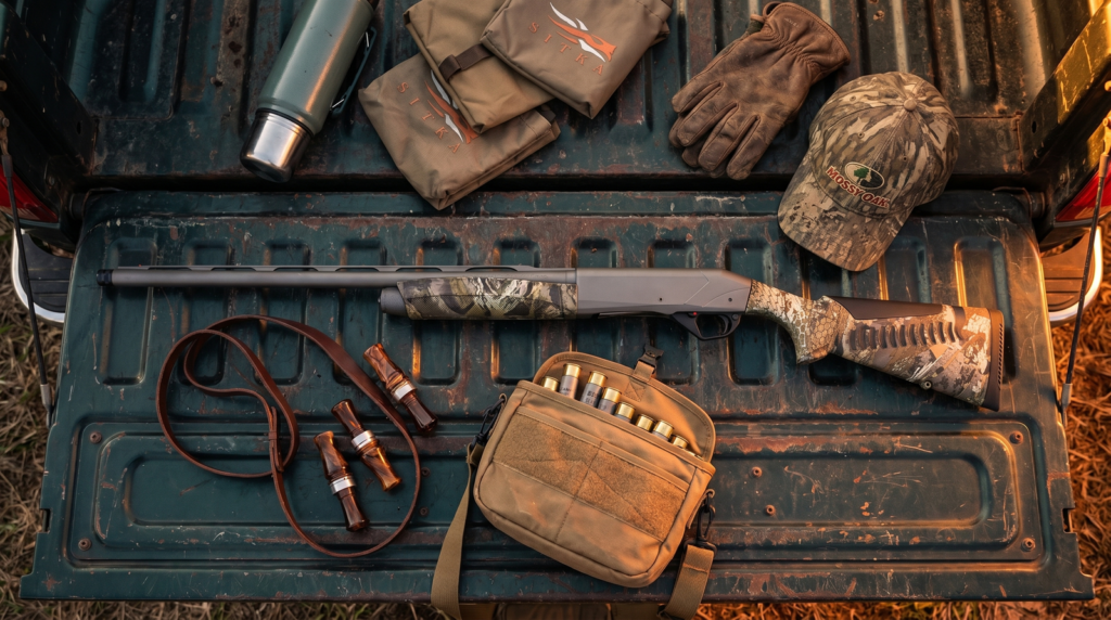 Benelli Super Black Eagle 3 Review (2026): The Waterfowl King 6 Top-down flat-lay of Benelli Super Black Eagle 3 12-gauge shotgun on rust-flecked F-150 tailgate with three duck calls on Lab leather lanyard tan canvas shell pouch decoy bags thermos and Mossy Oak cap at late-afternoon golden hour