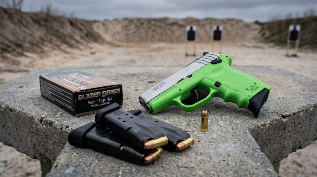 Best Guns Under $400 for Women (2026): Budget Self-Defense Picks 16 SCCY CPX-2 budget 9mm compact pistol with lime green frame resting on a weathered grey concrete shooting bench at an outdoor public pistol range during a cool overcast morning with a 50-round Blazer Brass 9mm box, three loaded 10-round magazines, and a single ejected brass case
