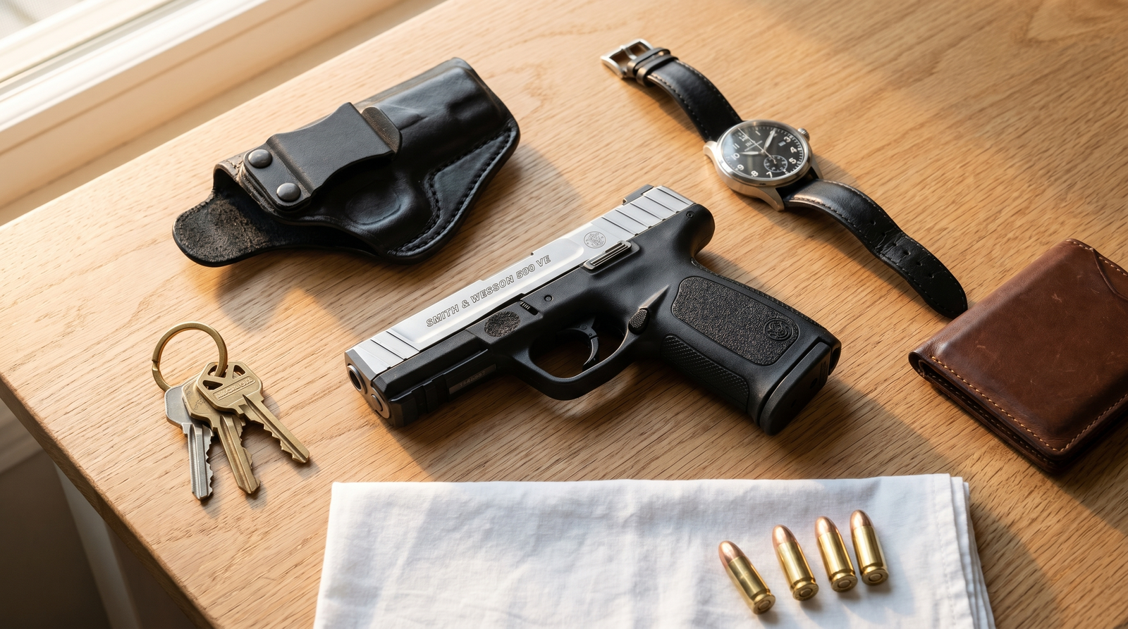 S&W SD9 VE Review (2026): 500 Round Test of the Cheapest Smith on the Shelf 7 Smith and Wesson SD9 VE on a light-oak farmhouse kitchen table in an everyday-carry flat-lay with black leather IWB holster, keys, mechanical watch, leather wallet, white handkerchief, and four 9mm cartridges in soft morning light