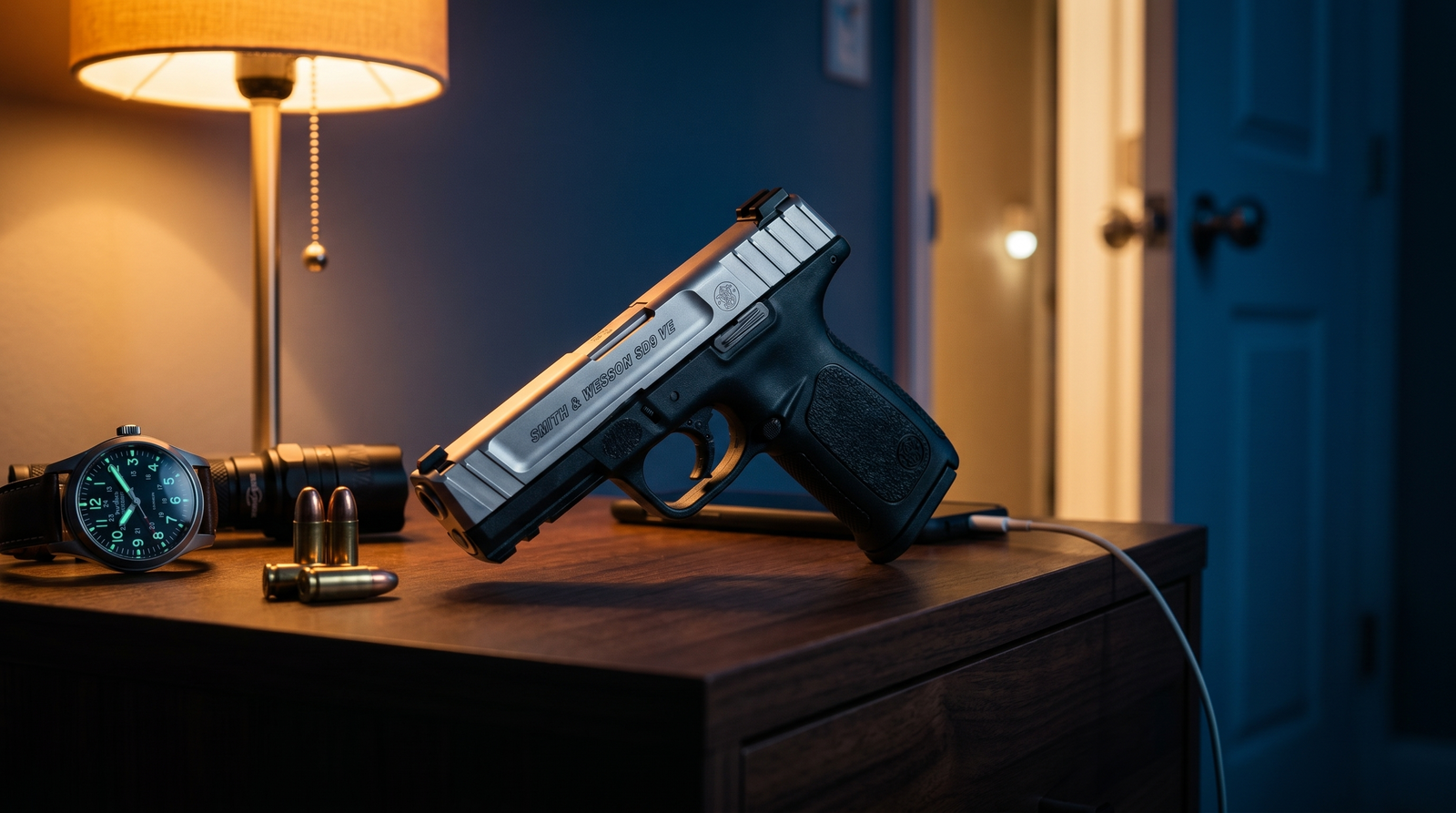 S&W SD9 VE review hero — Smith and Wesson SD9 VE 9mm striker-fired pistol on dark walnut nightstand at 3 AM with SureFire flashlight, mechanical watch, and brass 9mm cartridges