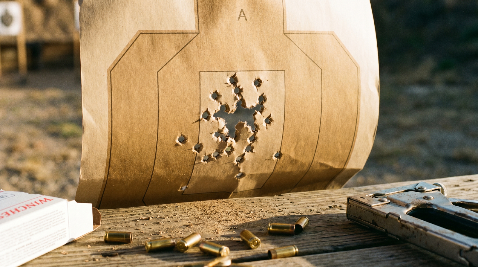 S&W SD9 VE Review (2026): 500 Round Test of the Cheapest Smith on the Shelf 6 IPSC silhouette paper target with 5-inch defensive group at A-zone center from Smith Wesson SD9 VE 9mm at 7 yards with brass casings and Winchester white box ammunition