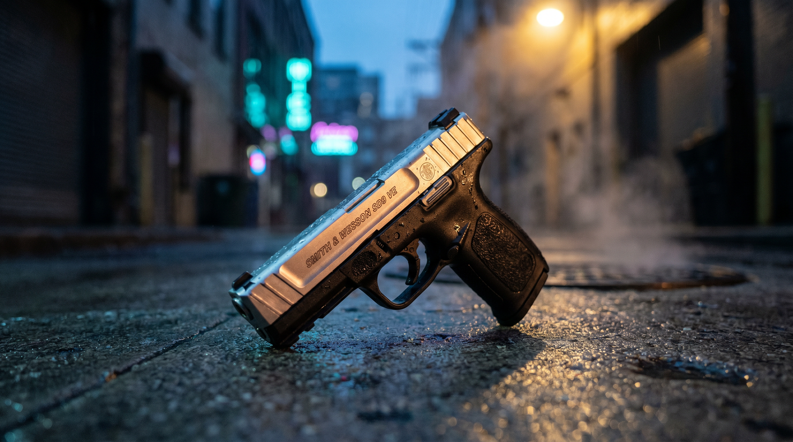 S&W SD9 VE Review (2026): 500 Round Test of the Cheapest Smith on the Shelf 2 Smith and Wesson SD9 VE 9mm striker-fired pistol on rain-wet urban concrete alley at blue-hour twilight with sodium street light and neon bokeh in background