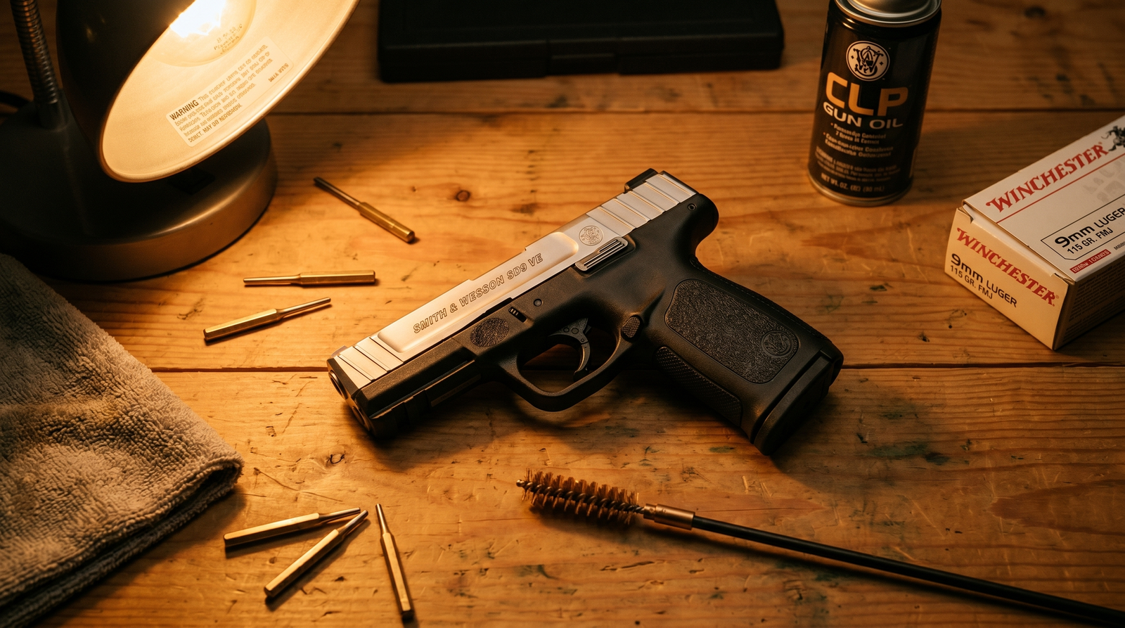 S&W SD9 VE Review (2026): 500 Round Test of the Cheapest Smith on the Shelf 3 Smith and Wesson SD9 VE on a worn pine gun-room workbench surrounded by brass punches, CLP oil can, cleaning rod with bore brush, microfiber rag, and Winchester white-box 9mm ammunition under warm tungsten light