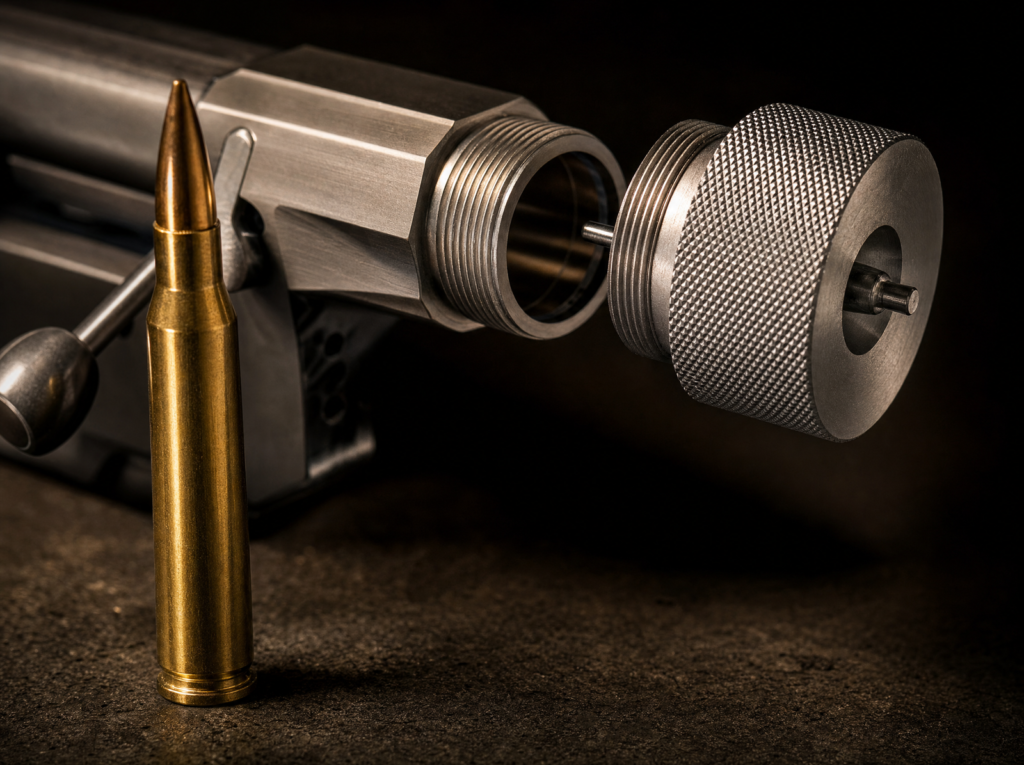 Serbu RN-50 Review (2026): The Cheapest .50 BMG You Can Buy 2 Mark Serbu holding the RN-50 breech with a .50 BMG round, Tampa FL engraving visible