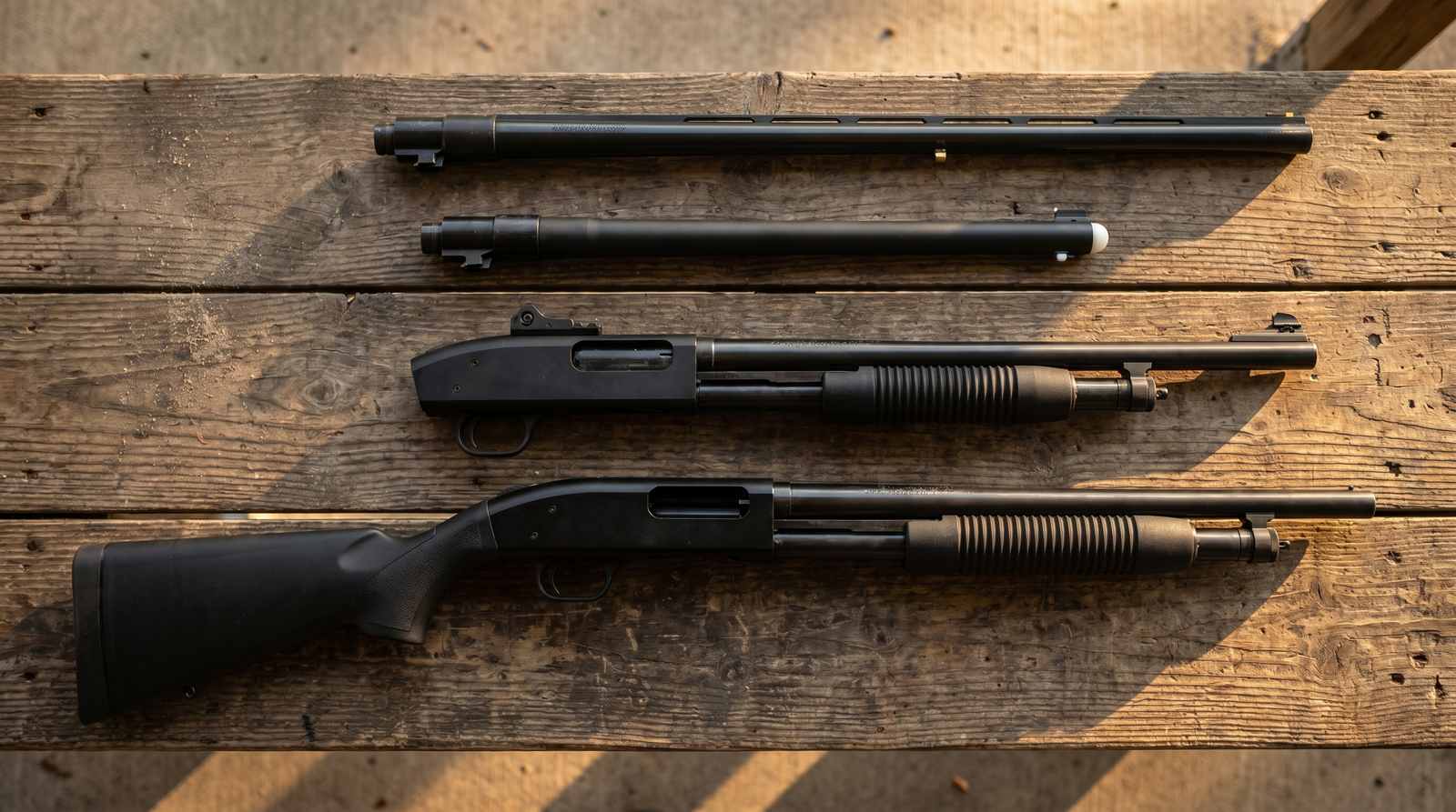 Best Shotgun Upgrades in 2026: Accessories That Actually Matter 41 Top-down flat-lay editorial photograph on weathered wood planks showing three different Mossberg 500 barrels — 28-inch vent rib bird hunting, 18.5-inch tactical home defense, and a rifled slug barrel — laid in parallel beside two complete shotgun configurations demonstrating multi-role barrel swap versatility under late-afternoon warm side-light
