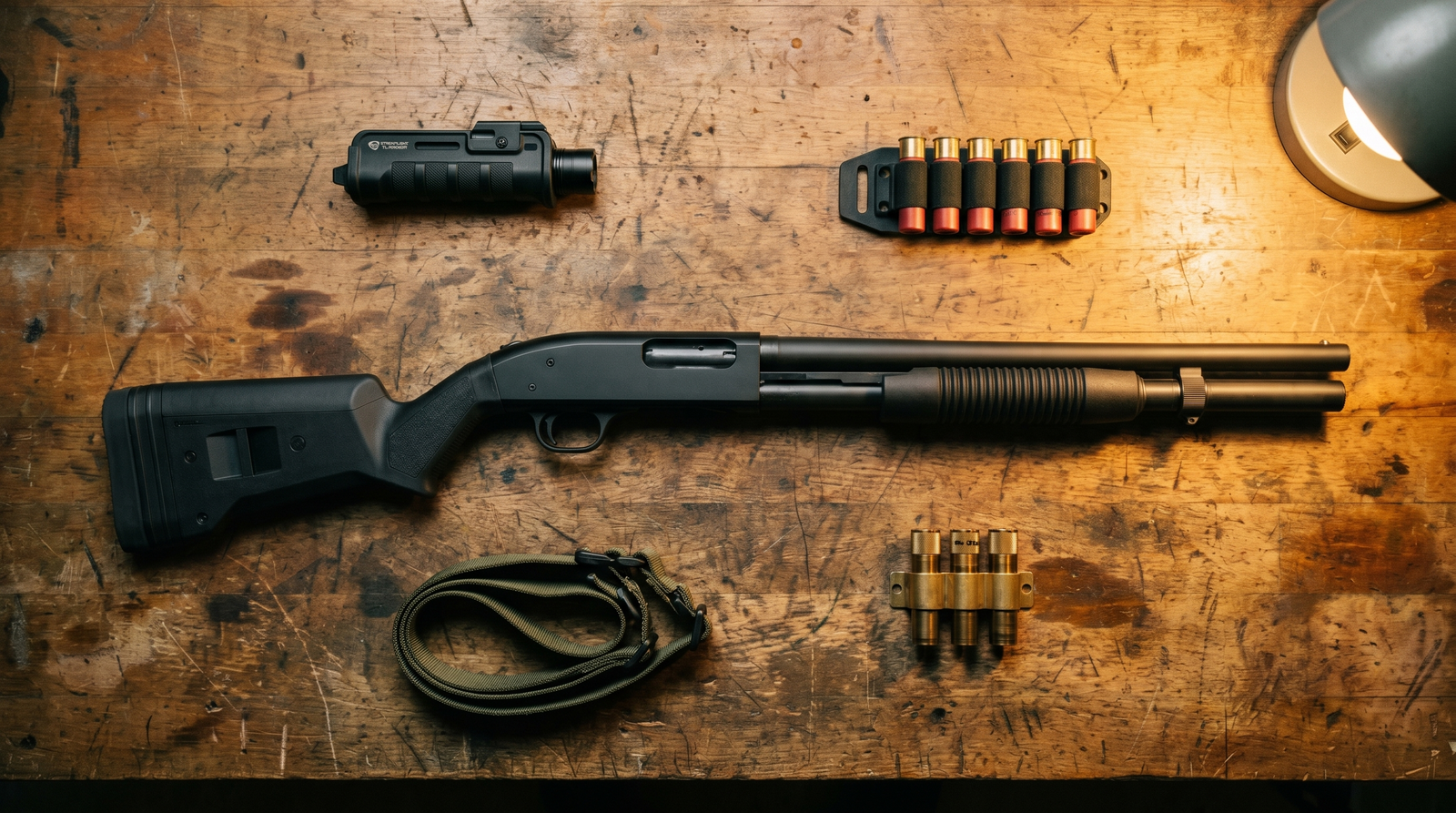 Top-down editorial flat-lay of a black Mossberg 500 Tactical 12-gauge shotgun on a weathered wooden gunsmith workbench surrounded by the five highest-impact upgrade accessories — Streamlight TL-Racker forend weapon light, Esstac KYWI black side saddle with red 12-gauge shells inserted, Magpul SGA adjustable stock, Carlson's brass choke tube set, and Vickers Tactical two-point sling — under warm tungsten workbench lamp