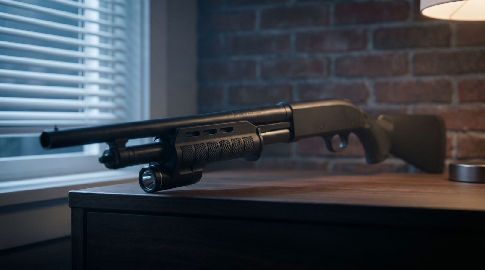 Best Shotgun Upgrades in 2026: Accessories That Actually Matter 37 Side-profile cinematic photograph of black Mossberg 500 Tactical pump shotgun with Streamlight TL-Racker shotgun forend weapon light installed replacing the factory forend, staged on dark walnut nightstand in urban apartment bedroom at night with cool moonlight from venetian blinds and warm tungsten lamp accent against brick wall background