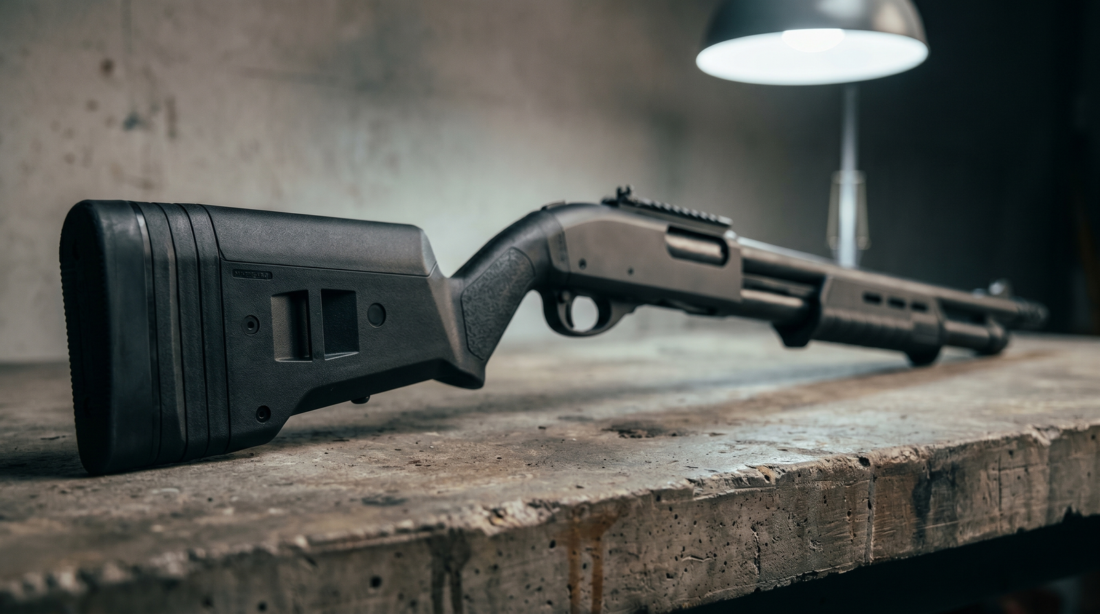 Best Shotgun Upgrades in 2026: Accessories That Actually Matter 40 Side-profile cinematic close-up of Magpul SGA black polymer adjustable stock fitted to Remington 870 Tactical 12-gauge shotgun showing the cheek riser, length-of-pull spacer system and integrated recoil pad on industrial concrete workbench under cool overhead diffused work-lamp