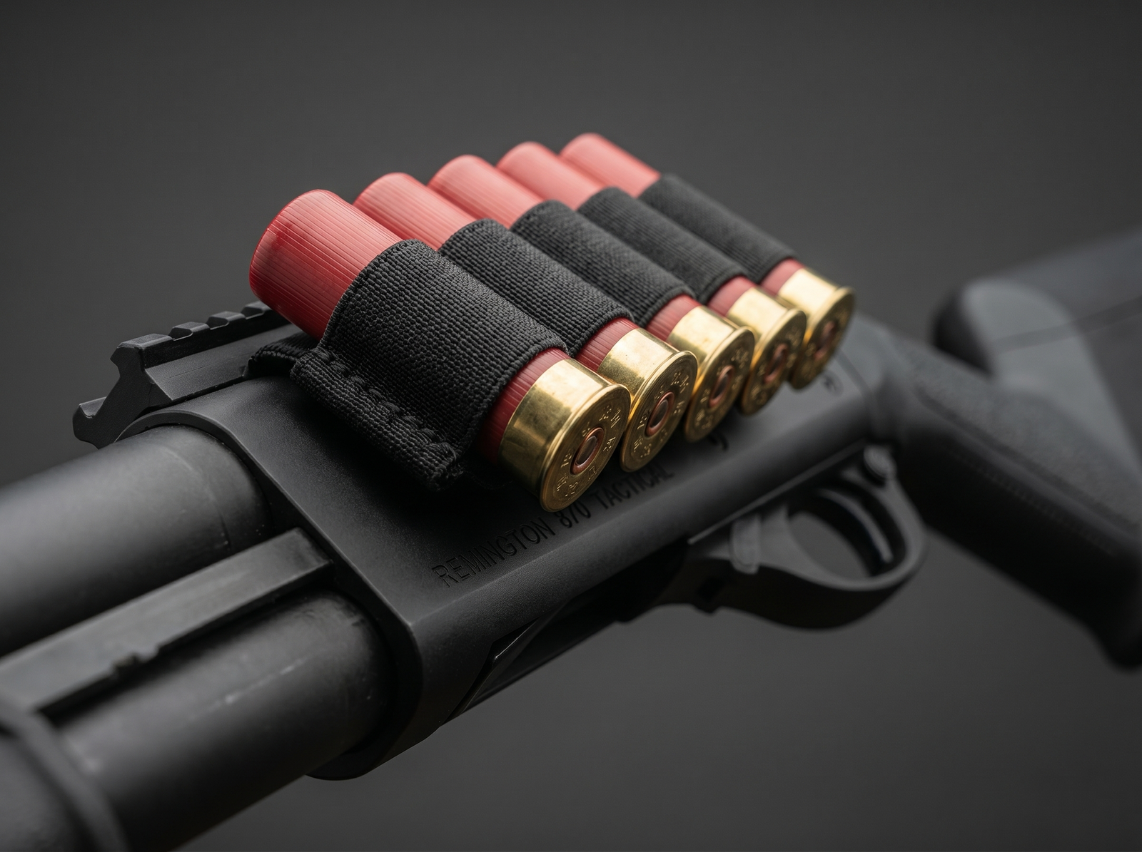 Best Shotgun Upgrades in 2026: Accessories That Actually Matter 38 Extreme macro of Esstac KYWI black polymer shotgun side saddle mounted on Remington 870 Tactical receiver with six red 12-gauge shells brass-up inserted in friction-fit elastic loops on dark grey studio backdrop with soft key light and subtle brass-head rim light