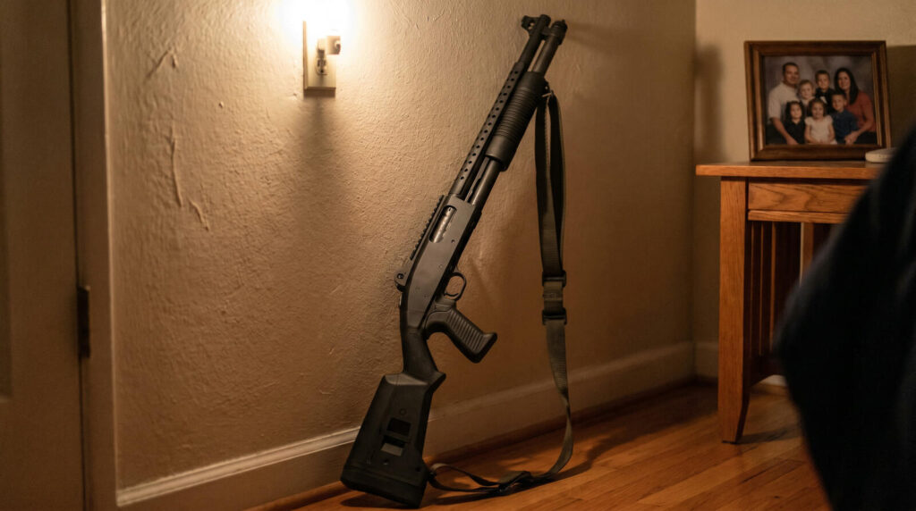 Shotgun Barrel Length Guide: What Length Do You Actually Need? 9 Mossberg 590 tactical pump-action 18.5-inch barrel shotgun racked vertically in dimly lit bedroom corridor with hardwood floor and family photo