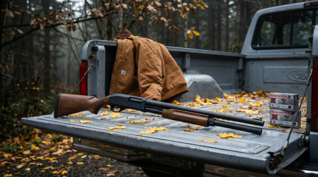 Shotgun Barrel Length Guide: What Length Do You Actually Need? 10 20-inch Remington 870 pump-action shotgun with walnut stock resting on Ford F-150 truck tailgate with autumn leaves and Winchester Super-X slug boxes