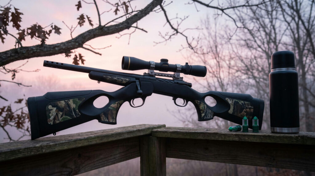 Shotgun Barrel Length Guide: What Length Do You Actually Need? 11 24-inch rifled-barrel bolt-action slug gun with Leupold scope and woodland thumbhole stock on elevated deer stand at dawn