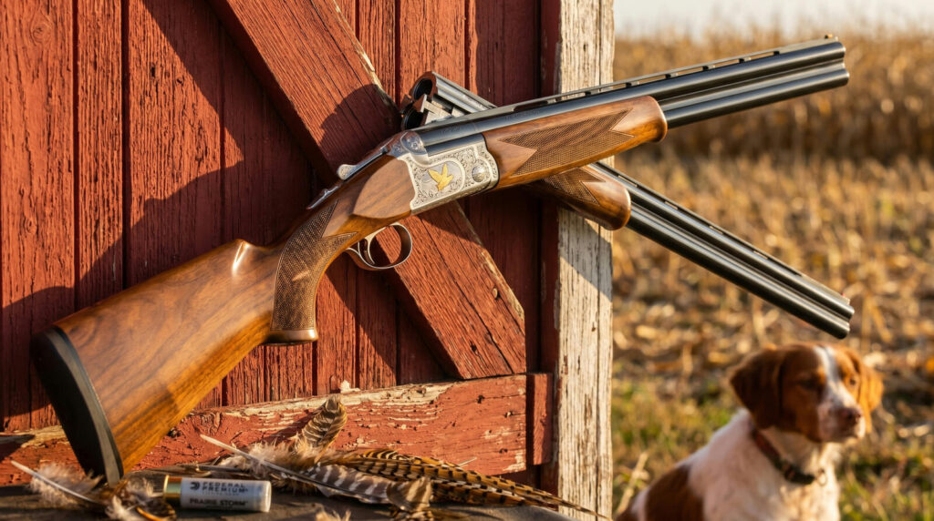Shotgun Barrel Length Guide: What Length Do You Actually Need? 12 Browning Citori 725 Field 28-inch over-under shotgun with engraved silver receiver and AAA walnut stock against red barn with Brittany spaniel and pheasant feathers