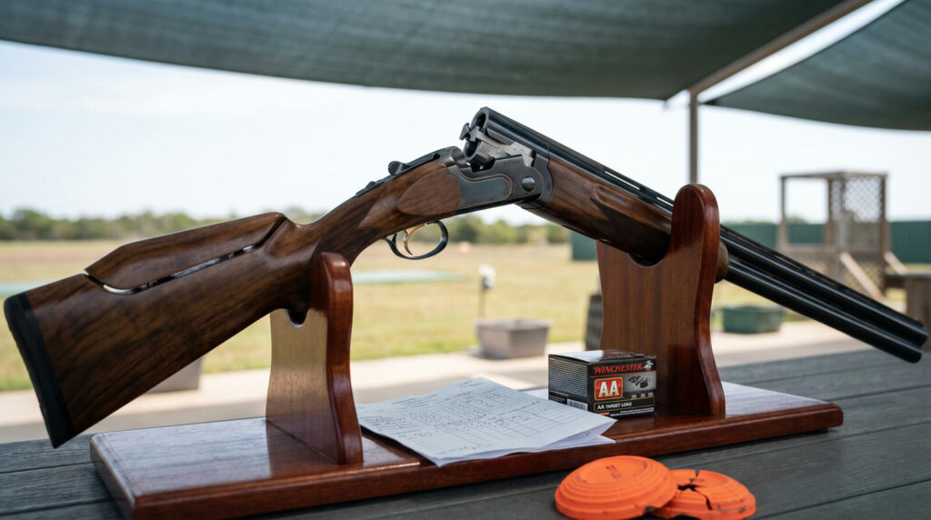 Shotgun Barrel Length Guide: What Length Do You Actually Need? 13 Beretta DT11 trap competition over-under 32-inch shotgun on mahogany gun stand at sporting clays station with orange clays and Winchester AA shells