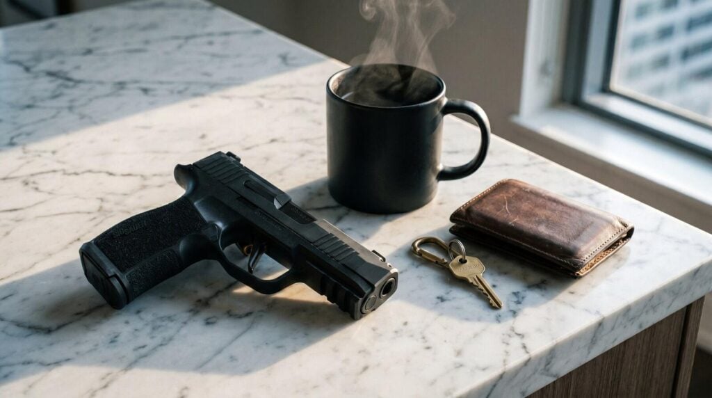 Best Guns for Small Hands (2026): 10 Pistols That Actually Fit 12 Sig Sauer P365 9mm micro-compact pistol on white marble kitchen counter with steaming black coffee mug, brown leather wallet, and brass key in cool morning natural window light